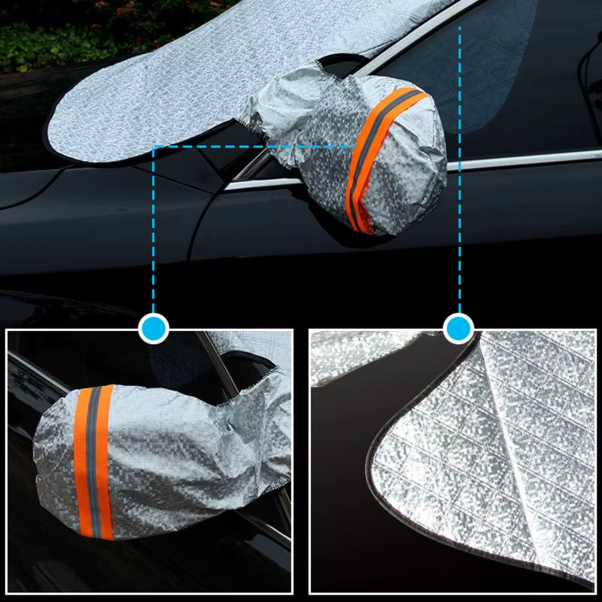 Mirror covers with reflective strips
