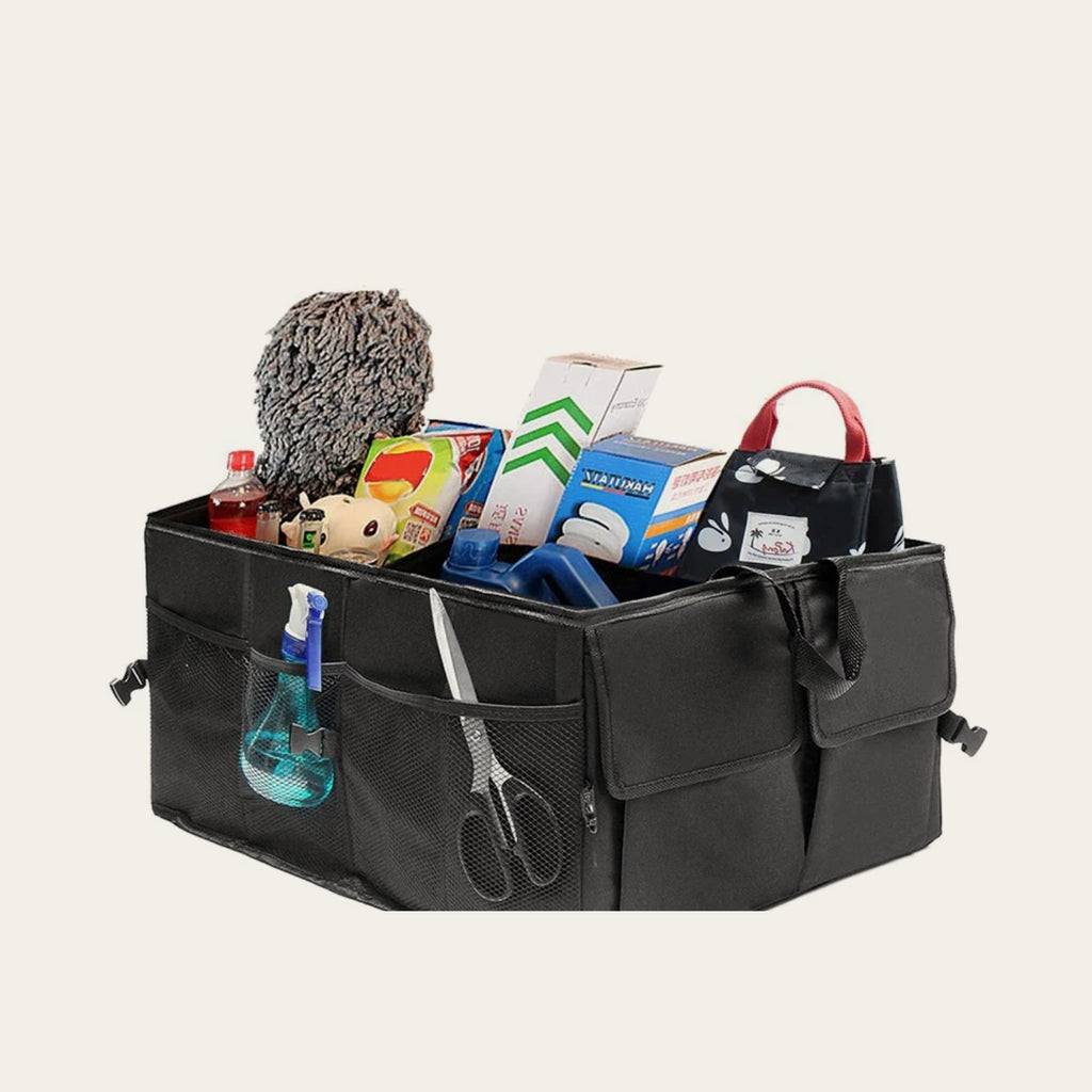 Trunk organizer filled with car supplies